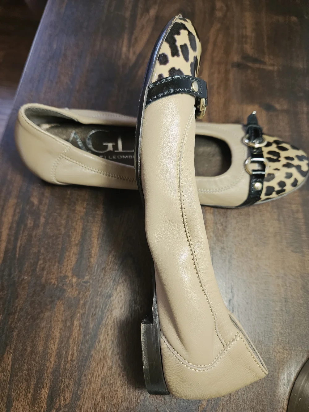 AGL Atilio Giusti Leombruni,Balet Flats Leopard-Print Toe and Black Trim,Size 35